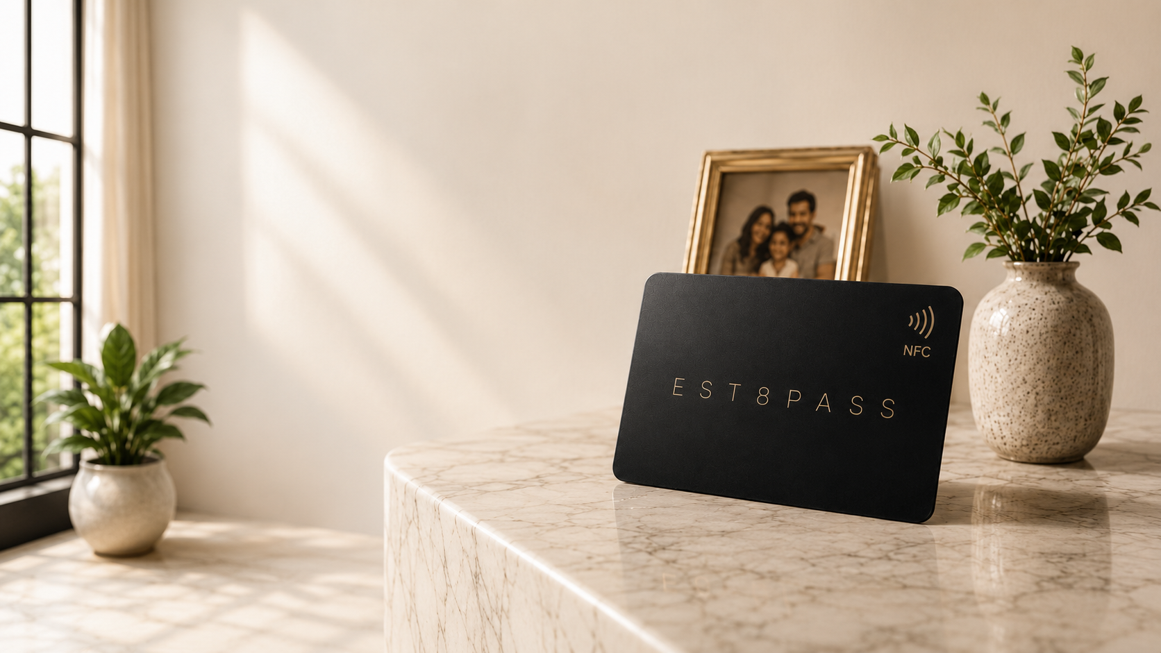 EST8PASS metal NFC card on a marble counter in a sunlit family home