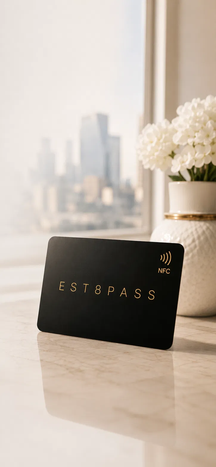 EST8PASS metal NFC card on a marble counter in a sunlit family home